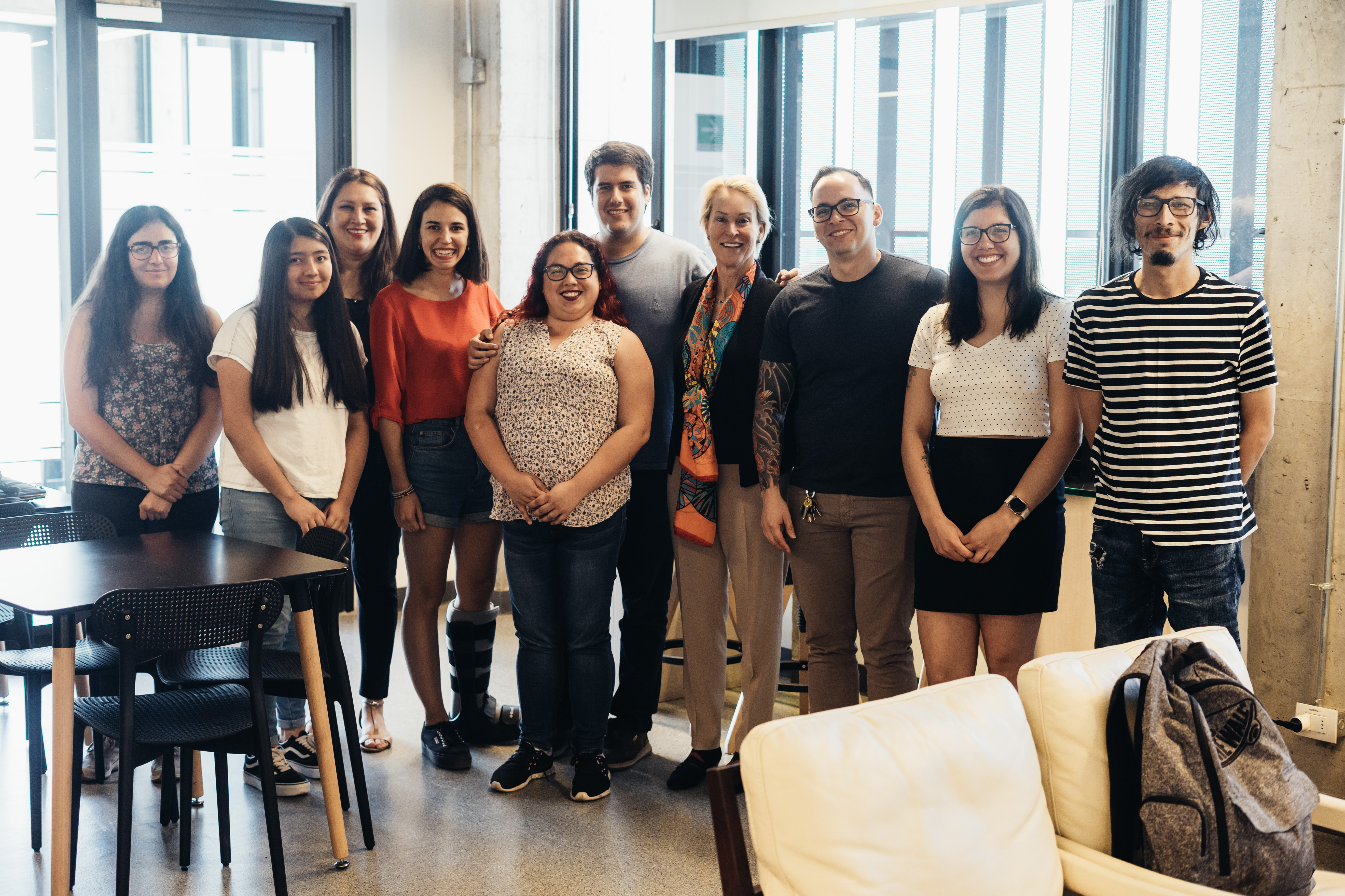 Image 2: Dr. Ramírez-Sarmiento’s research group during Nobel Laureate Frances Arnold’s visit to Pontificia Universidad Catolica de Chile in 2020. From left to right: high school students Daniela Gutierrez and Antonia Campos; high school teacher Roxana Nahuelcura; PhD students Paula Blazquez, Javiera Reyes, and Pablo Galaz-Davison; Prof. Frances H. Arnold; Dr. Cesar Dr. Ramírez-Sarmiento; Postdoctoral Fellow Maira Rivera; and PhD student J. Alejandro Molina. Image 2: Dr. Ramírez-Sarmiento’s research group during Nobel Laureate Frances Arnold’s visit to Pontificia Universidad Catolica de Chile in 2020. From left to right: high school students Daniela Gutierrez and Antonia Campos; high school teacher Roxana Nahuelcura; PhD students Paula Blazquez, Javiera Reyes, and Pablo Galaz-Davison; Prof. Frances H. Arnold; Dr. Cesar Dr. Ramírez-Sarmiento; Postdoctoral Fellow Maira Rivera; and PhD student J. Alejandro Molina.